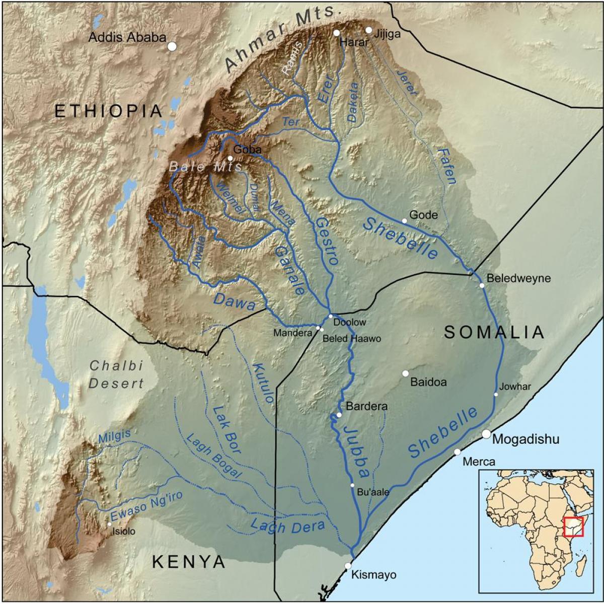 térkép Etióp folyók